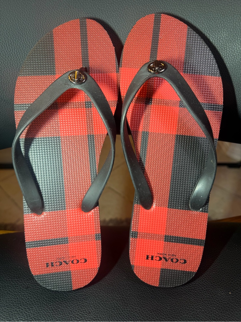 Coach Red Plaid Flip Flops Sz 7/8